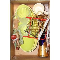 BOX WITH PLATE STANDS, HANGERS, OVAL DISH