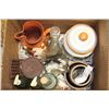 Image 1 : BOX WITH PAINTED JUG, GLASS BOTTLES, S+P SHAKERS