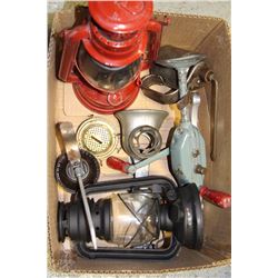 BOX OF LANTERNS, GREASER GUN, BEE SMOKER