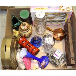 BOX OF PIGGY BANKS, VASES, BELLS, TEA SET
