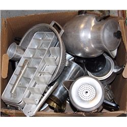BOX OF A VARIOUS TEAPOTS PERCULATORS OF VARIOUS METALS