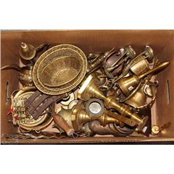 BOX OF ASSORTED BRASS ITEMS; CANDLE HOLDERS,