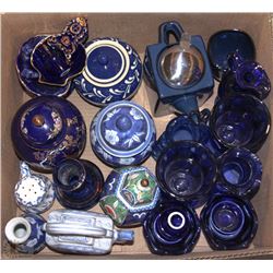 BOX OF BLUE GLASS CUPS, VASES, TEA POTS, MORE