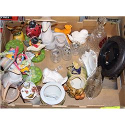 BOX WITH TEA POT, VASES, BELLS, DUCK  ORNAMENTS