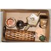 Image 1 : BOX WITH TEA POTS, VASES, CHIA PET, BEER STIENS