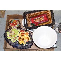 BOX WITH ARTIFICIAL FLOWERS, WICKER BASKET, DISHES