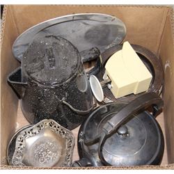 BOX OF KETTLES, SILVER PLATED BOWLS, DISHES