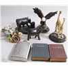 Image 1 : BOX W/EAGLE & GIRAFFE FIGURINES, FLASK,