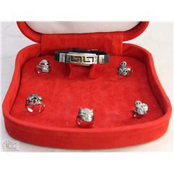 LOT OF 5 BIKERS RINGS WITH BLACK BRACELET