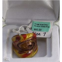 THREE TONE 24K GOLD MURANO GLASS RING SIZE 7