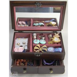 WOOD JEWELRY BOX AND CONTENTS (FILLED)