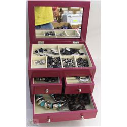 REDDISH MED JEWELRY BOX WITH CONTENTS