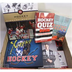 FLAT OF ASSORTED HOCKEY BOOKS INCL HOCKEY QUIZ