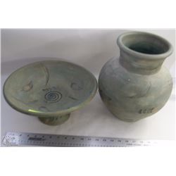 SET OF HEAVY GREEN POTTERY VASE AND FOOTED BOWL