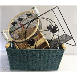 GREEN HANDLED WICKER BASKET WITH CONTENTS