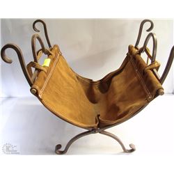 CAST IRON AND LEATHER FIRE WOOD HOLDER