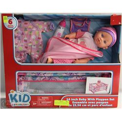 NEW 14" BABY DOLL WITH CRIB