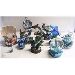 FLAT WITH 10 DOLPHIN FIGURINES AND SNOWGLOBES