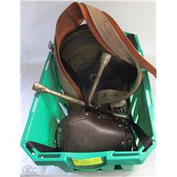 BOX OF HARDWARE/TOOLS INCL. KUNY LEATHER KNEE