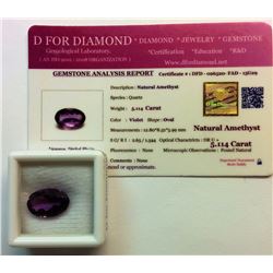 5.114CT OVAL NATURAL AMETHYST GEMSTONE & COA
