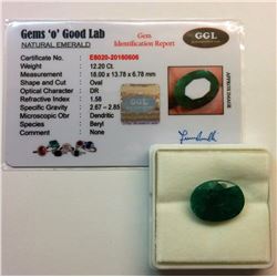 12.20 CT NATURAL OVAL EMERALD GEMSTONE & COA