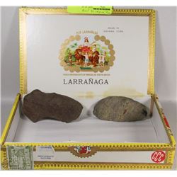 CIGAR BOX W/ ANCIENT AXE HEAD & SCRAPING TOOL