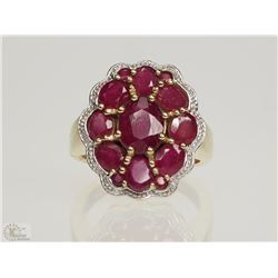 #10-STERLING SILVER GOLD PLATED RUBY CLUSTER RING SIZE 7.5