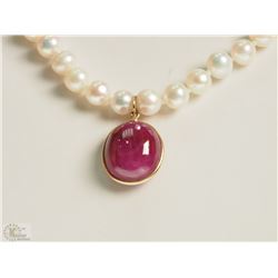 #41-14KT GOLD RUBY & FRESH WATER PEARL NECKLACE