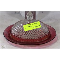 ROSE COLOURED DEPRESSION GLASS BUTTER DISH