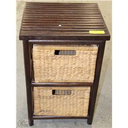 WOOD TABLE WITH TWO WICKER DRAWERS
