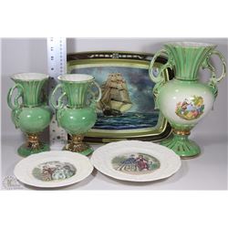 BOX OF GREEN GOLD TRIM ITALY MADE VASES INCLUDING