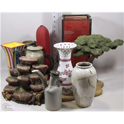 FLAT OF VASES, TEAPOTS, CANDLE HOLDER, TREE