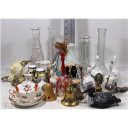 BOX WITH VASES, BELLS, CANDLE HOLDER, ETC