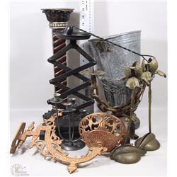 BOX WITH CHROME/METAL CANDLE HOLDERS, VASE