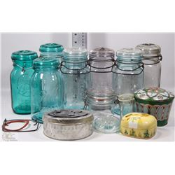 BOX OF GLASS COUNTER TOP CANISTERS, TRINKET BOXES
