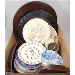 BOX WITH DECORATIVE BOWLS, JUG, TABLE CENTER PIECE
