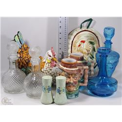 FLAT WITH CLEAR DECANTERS, BLUE DECANTERS, LAZY