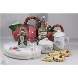 CERAMIC ITALY MADE TEA POT, WATER JUG, WHITE GLASS