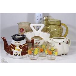 BOX OF GLASS/CERAMIC WATER JUGS, TEA POTS, VASES