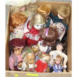 LARGE BOX OF ASSORTED COLLECTORS DOLLS, STANDS