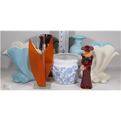 BOX OF VASES, JUGS, BOWLS, LADY FIGURINE