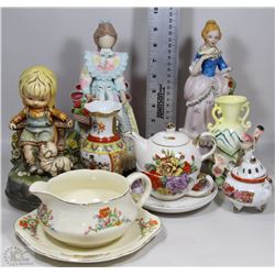 FLAT WITH LADY FIGURINES, TEA POTS, VASES, MORE