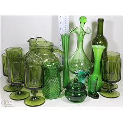 FLAT OF GREEN ART GLASS ITEMS; VASE, DECANTER,