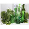 Image 1 : FLAT OF GREEN ART GLASS ITEMS; VASE, DECANTER,