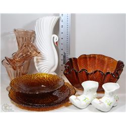 BOX WITH AMBER PLATES, BOWLS, ROSE COLORED SUNDAE