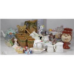FLAT OF ASSORTED CERAMIC/PORCELAIN TEA POTS, CUPS