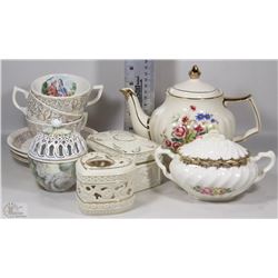 FLAT OF GOLD TRIMMED TEA POT, TEA CUPS,SAUCERS,