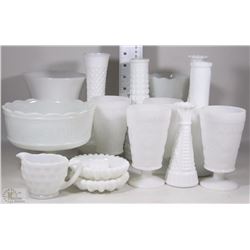 BOX OF WHITE GLASS GOBLETS, VASES, DISHES