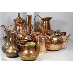 BOX OF ASSORTED COPPER ITEMS; S+P SHAKERS, POTS