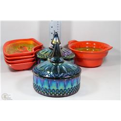 5PC VEGGIE+DIP SET, SET OF 2 BLUE CARNIVAL GLASS